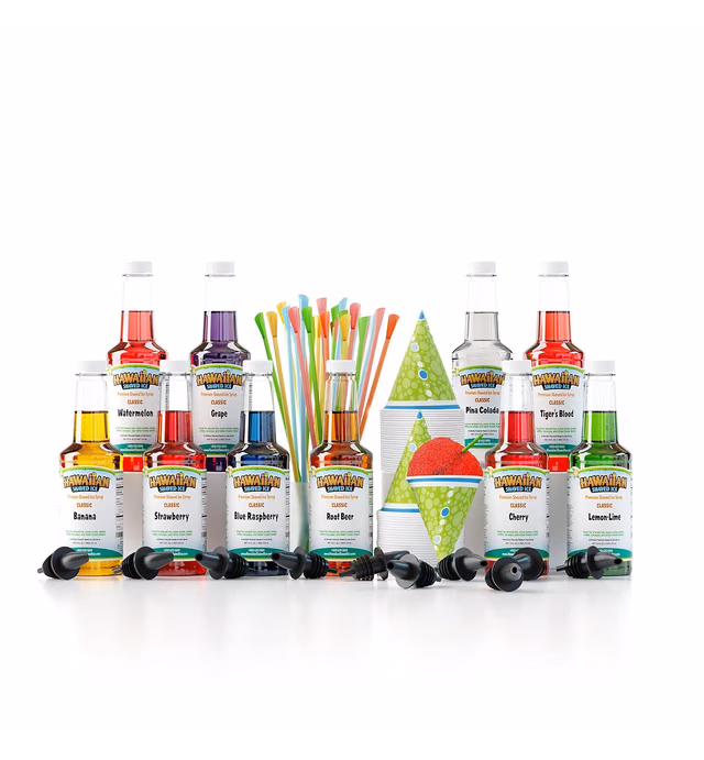 Hawaiian Shaved Ice Syrup Assortment with 10 - 16oz Bottles, 50 Snow Cone Cups, 50 Spoon Straws, and 10 Pouring Spouts. Flavors include: Tiger’s Blood, Pina Colada, Blue Raspberry, Cherry, Lemon-Lime