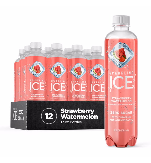 Sparkling Ice, Strawberry Watermelon Sparkling Water, Zero Sugar Flavored Water, with Vitamins and Antioxidants, Low Calorie Beverage, 17 fl oz Bottles (Pack of 12)