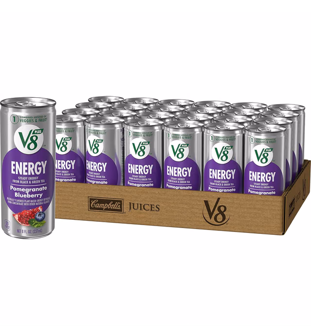 V8 +ENERGY Pomegranate Blueberry Energy Drink, Made With Real Vegetable And Fruit Juices, 8 Ounce Can (Case of 24)