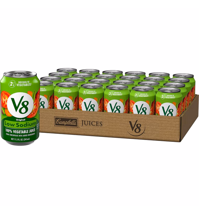 V8 Low Sodium Original 100% Vegetable Juice, Vegetable Blend with Tomato Juice, 11.5 FL OZ Can (Pack of 24)