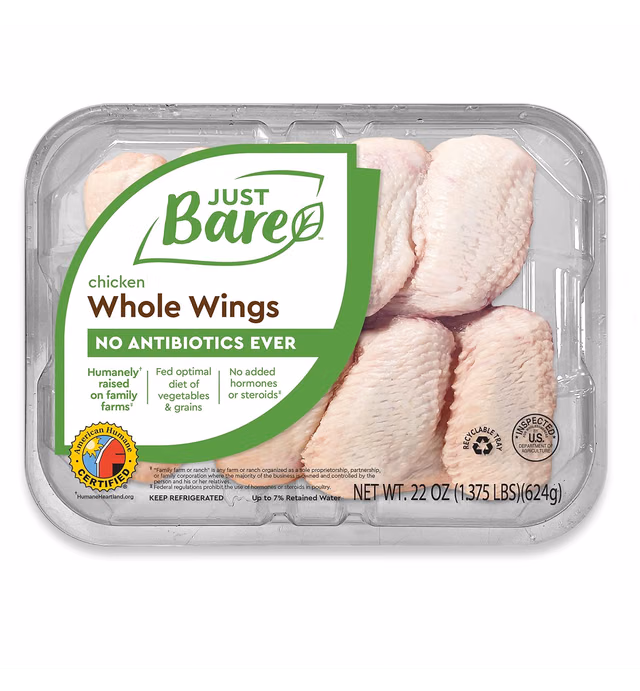 Just Bare All Natural Fresh Chicken Whole Wings | Antibiotic Free | Bone-In | 1.375 LB