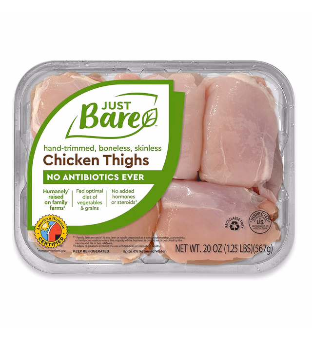 Just Bare Chicken Natural Fresh Chicken Thighs | No Antibiotics Ever | Boneless | Skinless | 1.25 LB