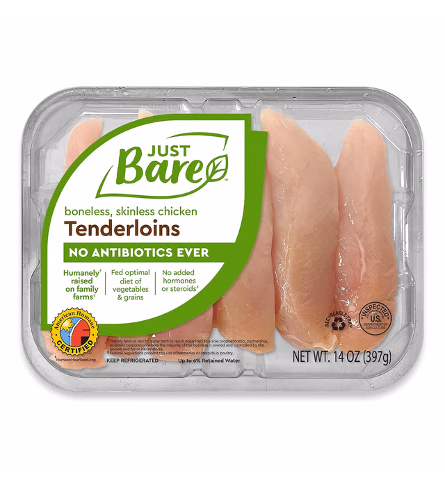 Just Bare Natural Fresh Chicken Tenders | No Antibiotics Ever | Boneless | Skinless | 0.88 LB