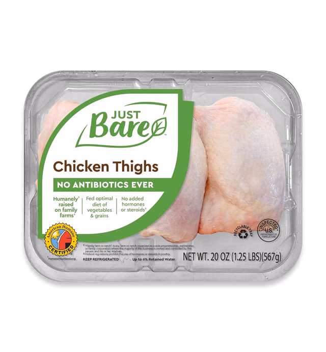 JUST BARE Natural Fresh Chicken Thighs | Antibiotic Free | Bone-In | 1.25 LB