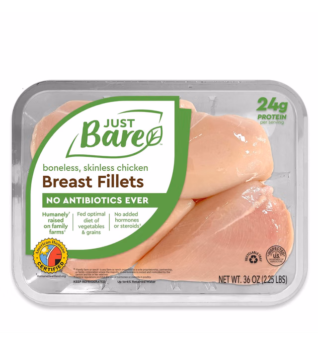 Just Bare® Natural Fresh Chicken Breast Fillets | Family Pack | Antibiotic Free | Boneless | Skinless | 2.25 LB