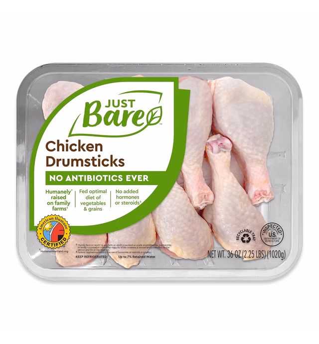 Just Bare® Natural Fresh Chicken Drumsticks | Family Pack | No Antibiotics Ever | Bone-In | 2.25 LB