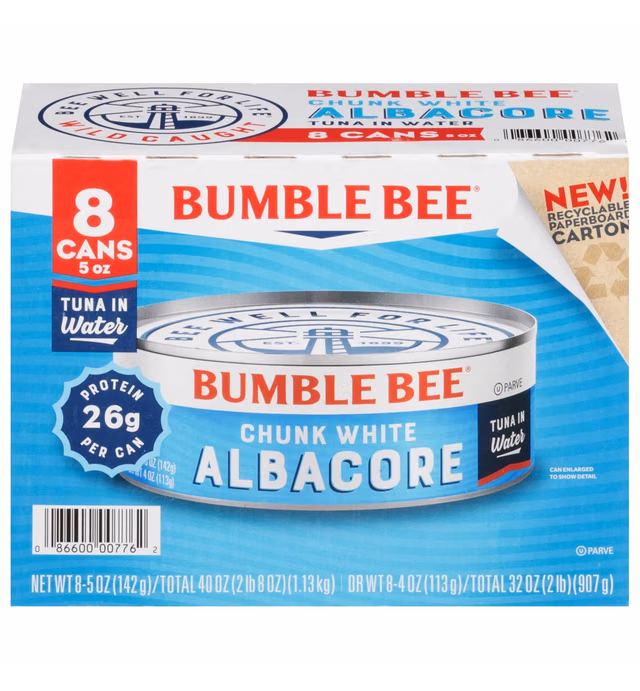 Bumble Bee Chunk White Albacore Tuna in Water, 5 Ounce (Pack of 8) - Wild Caught Tuna - 26g Protein per Serving - Non-GMO Project Verified, Gluten Free, Kosher - Great for Tuna Salad and Recipes
