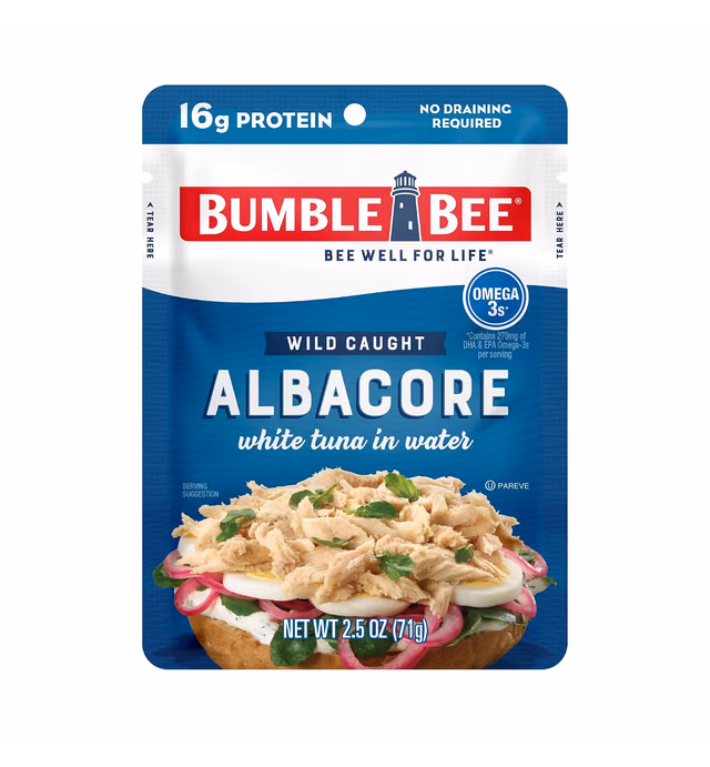 BUMBLE BEE Premium Albacore Tuna in Water, Tuna Fish, High Protein Food, Keto Food and Snacks, Gluten Free Food, High Protein Snacks, Canned Food, Bulk Tuna, 2.5 Ounce Pouches (Pack of 12)