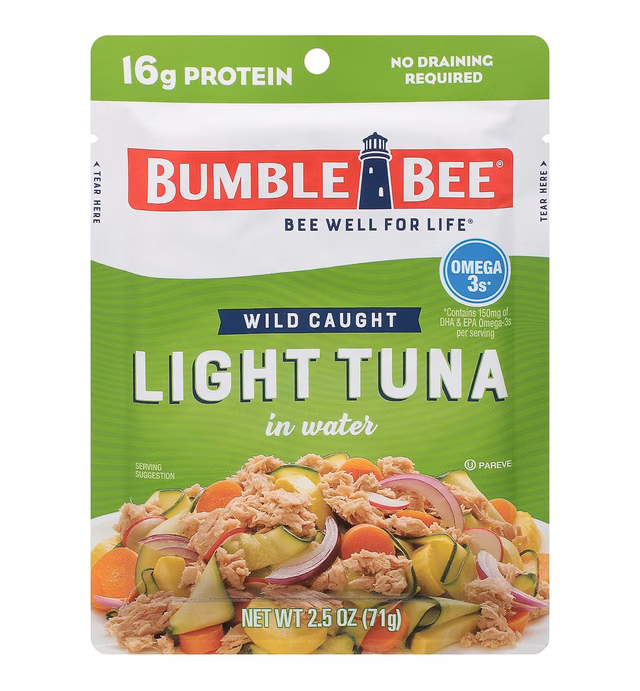 BUMBLE BEE Premium Light Tuna Pouch in Water, Ready to Eat Tuna Fish, High Protein, Keto Food and Snacks, Gluten Free, 2.5oz Pouch (Pack of 1)
