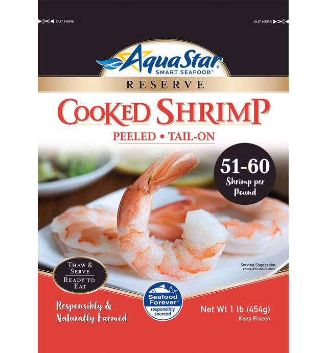 Aqua Star Cooked, Peeled, Tail-on Shrimp, 51-60 Count , 1 lb (Frozen)