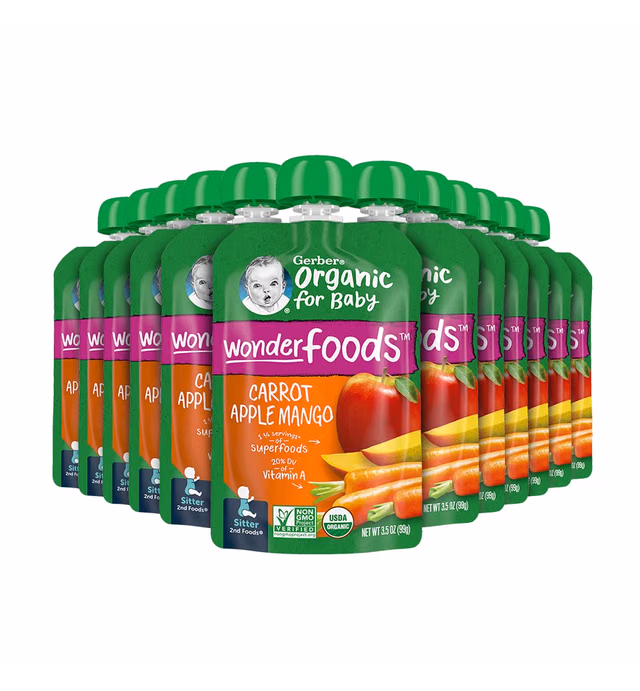 Gerber Organic Baby Food Pouches, 2nd Foods for Sitter, WonderFoods, Carrot Apple Mango, 3.5 Ounce (Pack of 12)