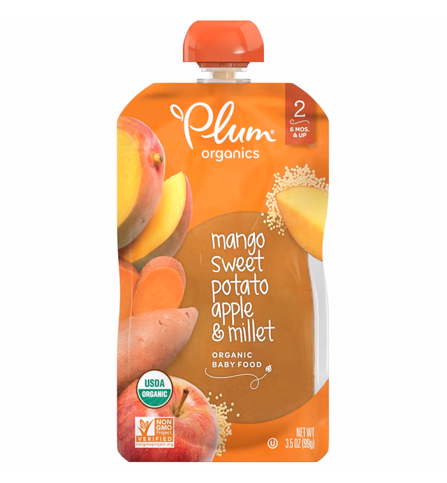 Plum Organics | Stage 2 | Organic Baby Food Meals [6+ Months] | Mango, Sweet Potato, Apple & Millet | 3.5 Ounce Pouch (Pack Of 12)