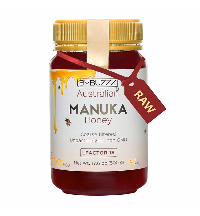 By Buzzz Raw Manuka Honey Organic MGO 100+, Non-GMO Unfiltered Certified Australian Manuka Honey Superfood 17.6 oz JUMBO PET jar