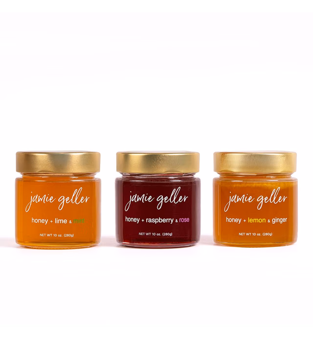 Jamie Geller Aromatic Raw Wildflower Honey Gift Set - 3 flavors - Honey with Lemon and Ginger; Honey with Lime and Mint and Honey with Raspberry and Rose - 3 x 10 oz. Glass Jars