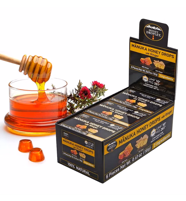 [Honey Droplet] UMF™10+ (MG 261+) 100% Manuka Honey Drops, Truly Natural From New Zealand, 2 Premium ingredient, 12 Packs (Ginger Flavor)
