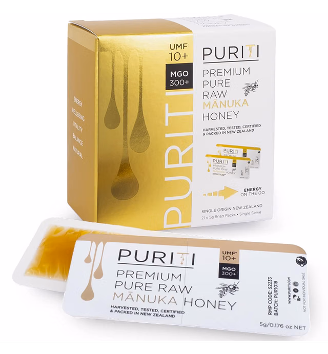 PURITI Genuine Raw Manuka Honey Snaps On The Go - UMF 10+ (MGO300+) 21 x 0.18oz Individual Snap Packets, Single Serve Honey Sticks for Tea, Travel & Snacks, Certified, Authentic Made in New Zealand