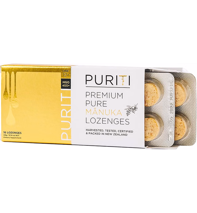 PURITI Premium Manuka Honey Lozenges - Genuine Sugar Free New Zealand Raw Manuka Honey Soothers for Coughs & Sore Throats - UMF Certified MGO 400+ UMF12+ (16 Pack)