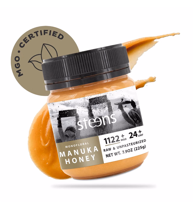 Steens - Raw Manuka Honey UMF 24+ with MGO 1122+, Cold Pressed New Zealand Natural Honey, Whole Comb Processed Raw Honey for Face, Skin, and Oral Consumption, Monofloral, 7.9 oz Jar