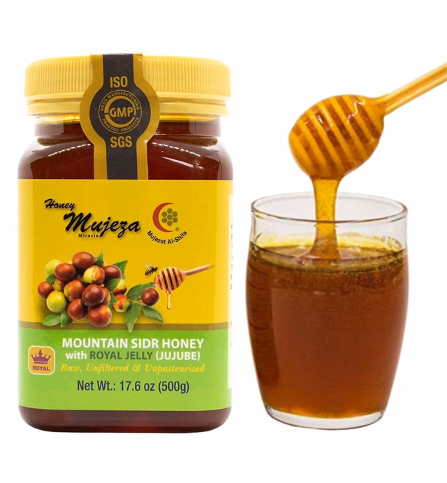 Mujeza Authentic Mountain Sidr Honey (Jujube) with Fresh Royal Jelly, Equal to Manuka Effectiveness - Gluten Free 100% Natural Raw Liquid Honey 500g / 17.6oz - Mujezat Al-Shifa