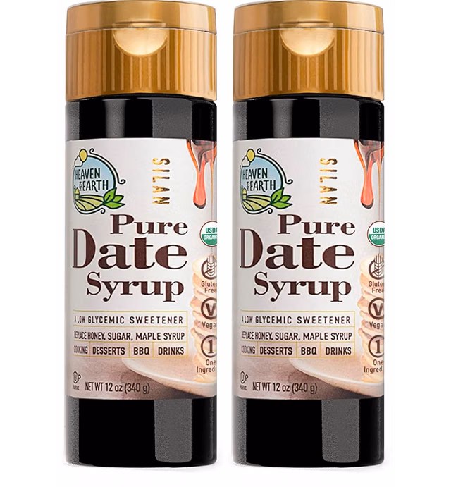 Heaven & Earth 100% Pure Organic Date Syrup, Silan, 12oz (2 Pack) | All Natural Honey or Maple Syrup Alternative | Low Glycemic Index | Great Sugar Replacement | Organic Date Honey | Kosher - Including Passover