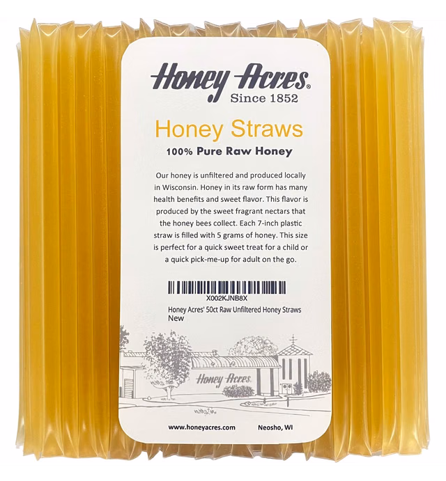 Honey Acres' Raw Unfiltered Honey Straws - USA Honey Sticks (Clover, 50 Count)