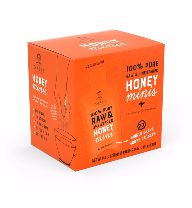 Nature Nate's Raw and Unfiltered Honey Minis Packets Single Serve, 9.8 Oz, 1 box of 20 packets.