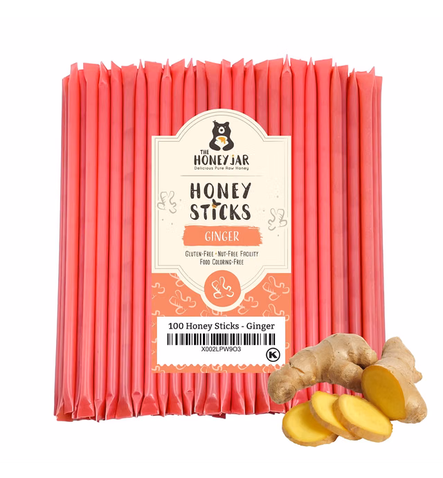 The Honey Jar Ginger Flavored Raw Honey Sticks - Pure Honey Straws For Tea, Coffee, or a Healthy Treat - One Teaspoon of Flavored Honey Per Stick - Made In The USA with Real Honey - (100 Count)