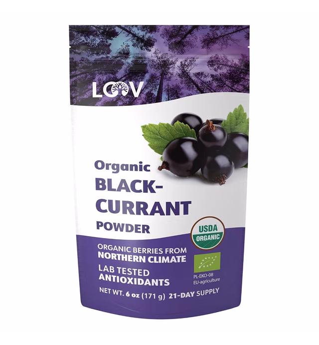 LOOV Blackcurrant Powder Organic, Made from 100% Whole Blackcurrants, Freeze Dried and Powdered Organic Blackcurrants, 6 Ounces, 21-Day Supply, Grown in Northern Europe, no Added Sugar