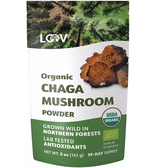 LOOV Organic Chaga Mushroom Powder, Wild-Harvested, Sustainably Grown in Pristine Nordic Forests, not Cultured, Whole Raw Chaga, High in Antioxidants, 5 Ounces, 39-Day Supply