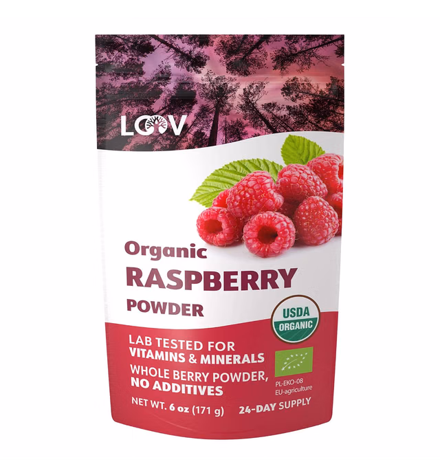 LOOV Organic Raspberry Powder, Made from 100% Whole Raspberries, Powdered Freeze-Dried Raspberries, 6 Ounces, Grown in Europe, 24-Day Supply, No Added Sugar