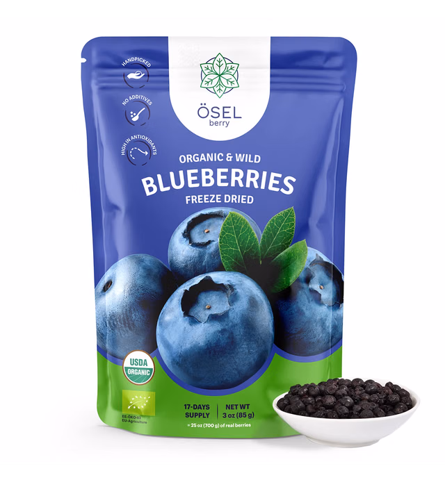 ÖSEL BERRY Organic Dried Blueberries - 100% Unsweetened Wild Blue Berries | Handpicked Freeze Dried Blueberries - Organic & Fresh | Dry Whole Fruit Blueberry - Rich in Antioxidants & No Sugar Added