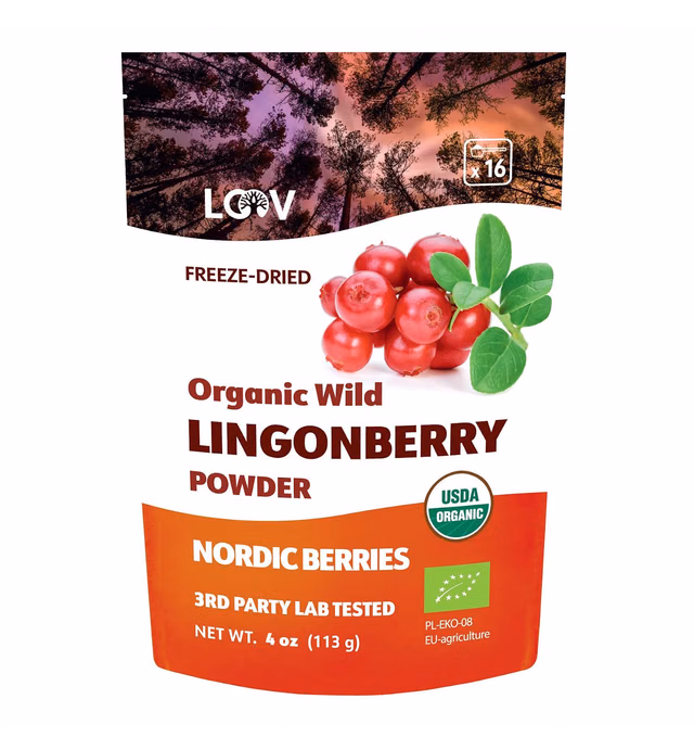 LOOV Organic Wild Lingonberry Powder, Made from 100% Whole Organic Freeze Dried Lingonberries, Wild-Crafted from Northern European Forests, 4 Ounces, 22-Day Supply, No Added Sugar