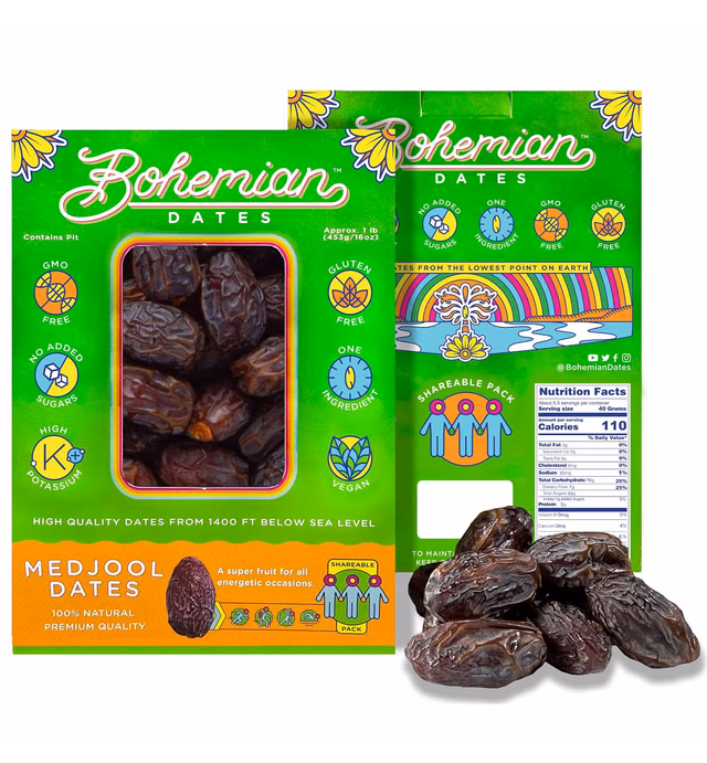 Bohemian Dates 1 lbs., 2 Pack Bundle | Jumbo Size, All Natural, Whole Medjool Dates | Vegan, Paleo, No Added Sugar | Soft, Chewy, Caramel Flavor