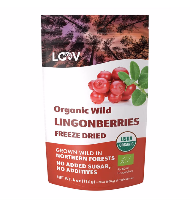 LOOV Freeze Dried Organic Wild Lingonberries, No Sugar Added, 100% Dried Whole Fruit Lingonberries, Wild-Crafted from Northern European Forests, 4 Ounces, 23-Day Supply, Non-GMO