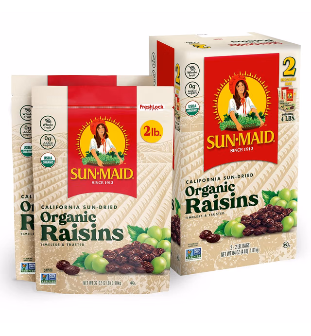 Sun-Maid Organic California Sun-Dried Raisins - (2 Pack) 32 oz Resealable Bag - Organic Dried Fruit Snack for Lunches, Snacks, and Natural Sweeteners