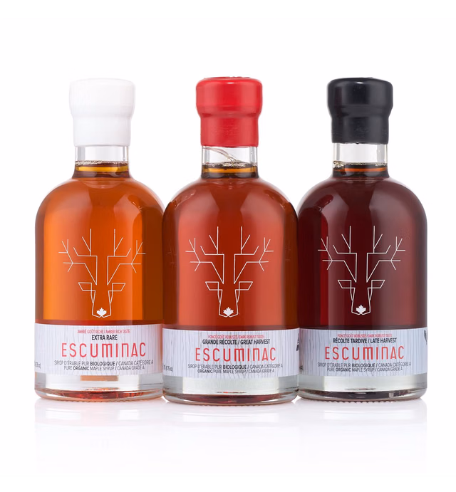 Escuminac Canadian Maple Syrup Variety Set, Including our 3 Harvests Extra Rare, Great Harvest, Late Harvest. 3 X 6.8 fl oz, 100% Pure & Organic, Single Origin, Holiday Gift