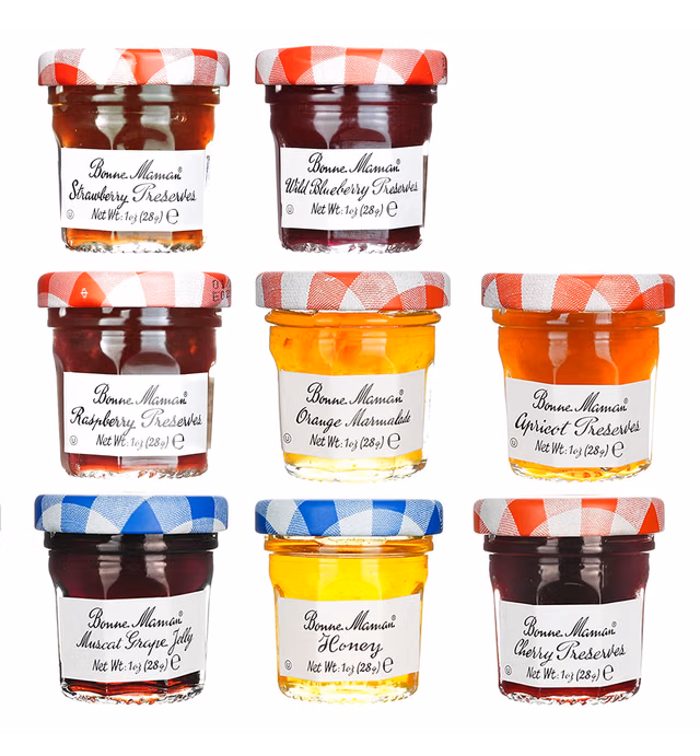 Bonne Maman Assorted Preserves - Strawberry, Apricot, Raspberry, Orange, Cherry, Honey, Grape, Blueberry - 8 jars x 1 oz