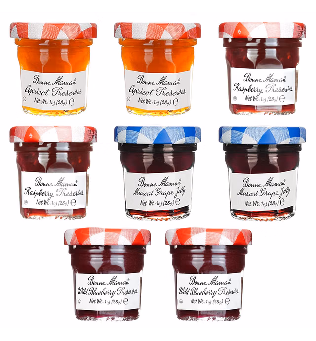 Gift Box of 8 French Gourmet Preserves, 1 oz. Mini Jars (2 Each of Apricot, Raspberry, Grape & Blueberry)