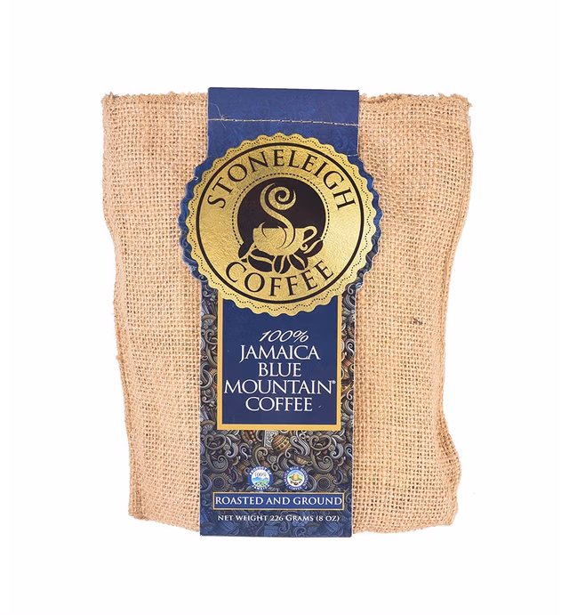 Stoneleigh Coffee – Grade A Jamaica Blue Mountain Coffee Premium Roasted & Ground - 8 0zs – 100% Genuine Jamaican Product - Traditional Jamaican Crocus (Burlap) Bag Packed Ideal for Gifting