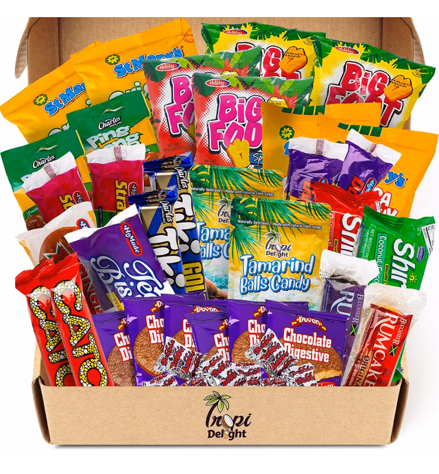 Tropi Delight Jamaican Variety Snack - Exotic Gift Box (40ct) International College Student Military Care Pack Assorted Caribbean Food Treats Chips Candy Basket Sampler