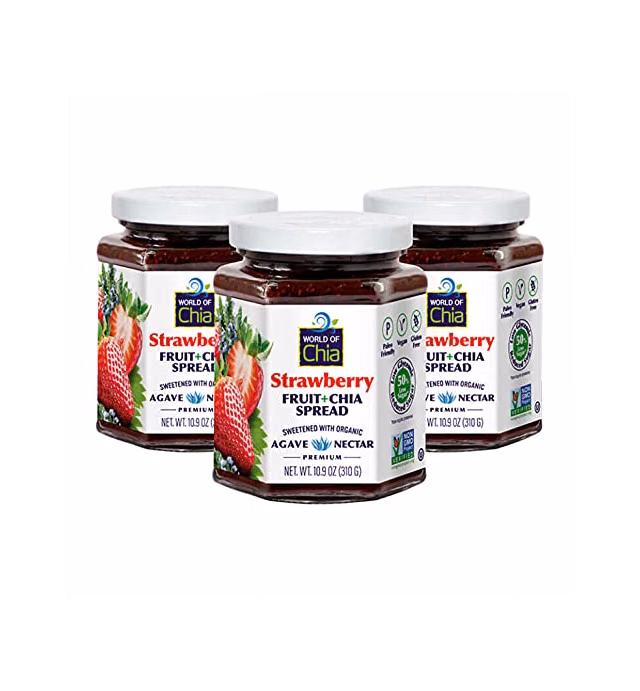 Premium Fruit Spread by World of Chia - All Natural, Plant Based, Gluten Free, Omega 3, Kosher, NON GMO Verified, Organic Ingredients, Low Glycemic, Diabetic Friendly - Strawberry, 3 pack