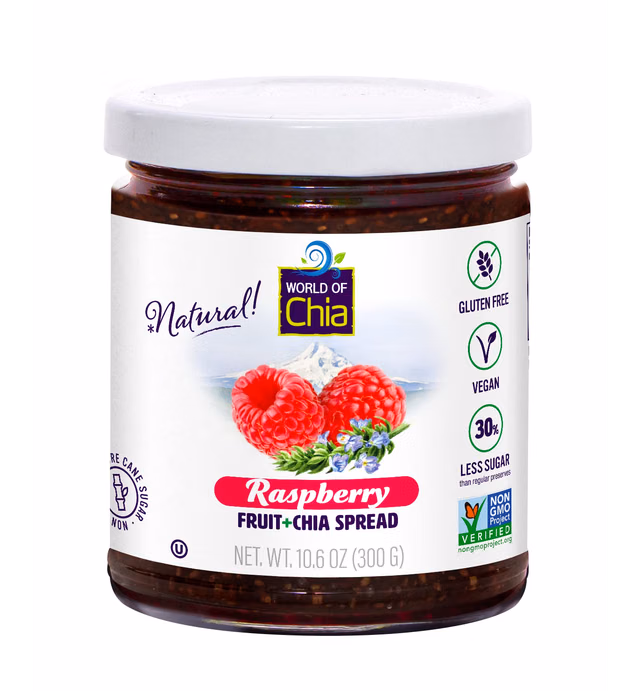 World of Chia Extra Fruit Spread - All Natural, Gluten Free, Vegan, Low Sugar, Omega 3, Kosher, NON GMO Verified, Made with Chia Seeds & Non Refined Pure Cane Sugar - (Raspberry, 3 packs)