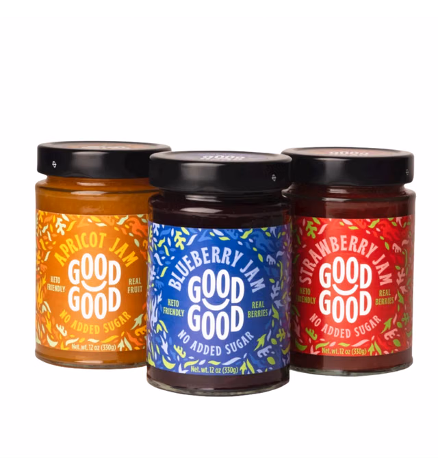 Good Good Assorted Keto-Friendly Jams Pack of 3 - Strawberry, BlueBerry and Apricot Jam - Low Carb, Low-Calorie Vegan Breakfast Options