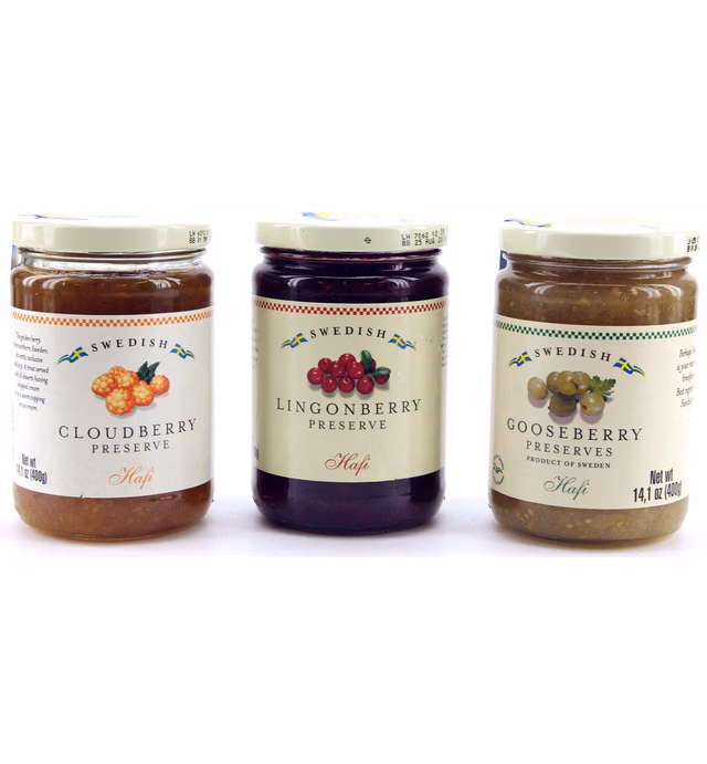 Hafi Variety Pack Preserves Lingonberry, Wild Cloudberry, Gooseberry 14.1-ounce Jars (Pack of 3)