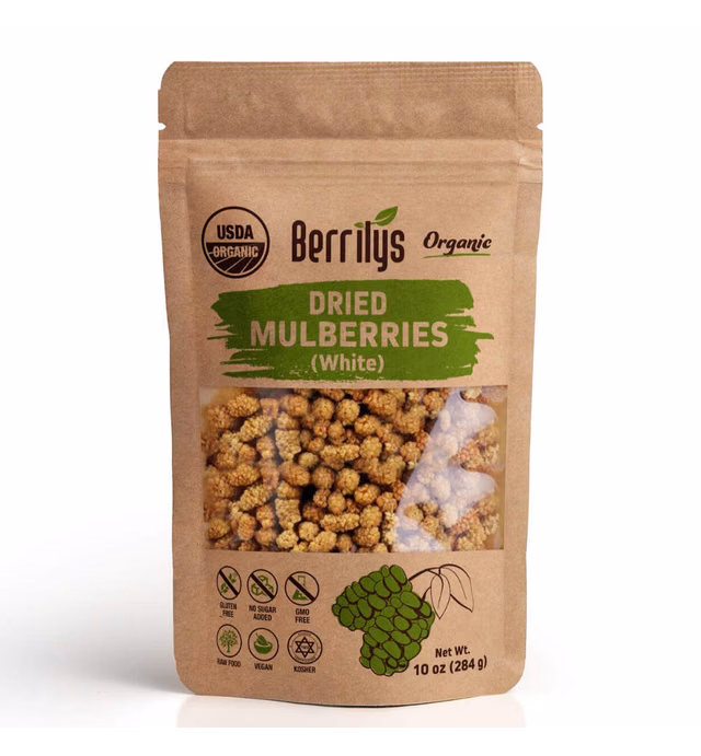 Berrilys Organic Dried Mulberries, White Dried Mulberry, Non-GMO, Unsulfured, Raw, Sun- Dried, Kosher, Vegan, Healthy Berries, Superfood, No Sugar Added Berry,10 oz