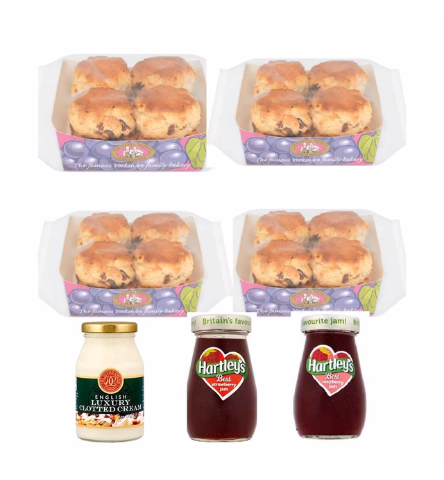 Bundle of 7 items 1 x Hartley’s Strawberry Jam 1 x Hartley’s Blackcurrant Jam 4 x Sultana Scones and 1 x Clotted Cream Delivers 3-5 Days USA