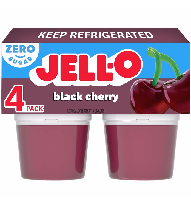 Jell-O Black Cherry Sugar Free Refrigerated Red Jello Cups Gelatin Snack (4 ct Cups)