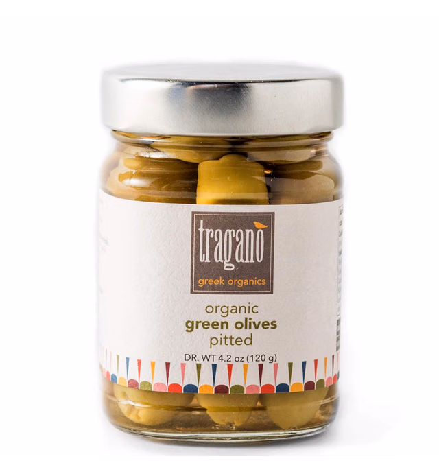Tragano Greek Organics Pitted Green Olives, USDA Organic, Small Batch, Halkidiki PDO (8 Ounces)