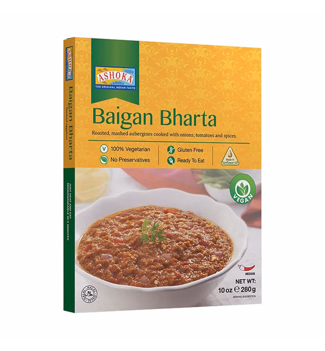 Ashoka Ready to Eat Indian Meals Since 1930, 100% Vegan Baigan Bharta, All-Natural Traditionally Cooked Indian Food, Plant-Based, Gluten-Free and with No Preservatives, 10 Ounce