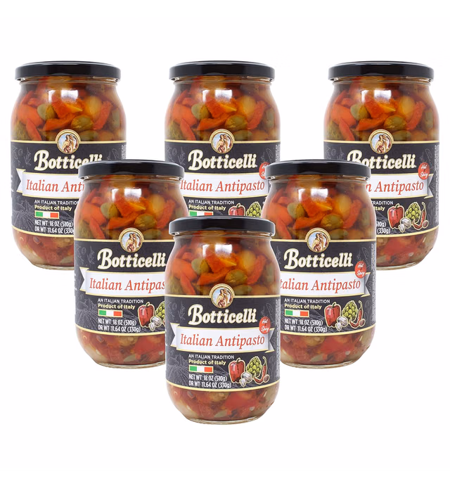 Botticelli Premium Italian Antipasto in a Jar Hot & Spicy (Pack of 6) - Italian Antipasto with Artichoke, Olives & Mushroom - For Antipasto Appetizer, Antipasto Salad & Antipasto Plates - 18oz